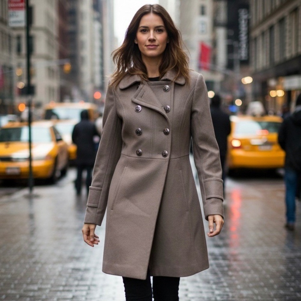 Kenneth Cole New York Double Breasted Wool Pea Coat Taupe Old Money Sz 8
